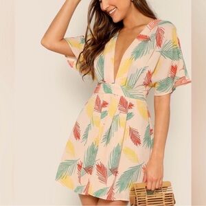 Tropical Print V-Neck Dress, Size Medium